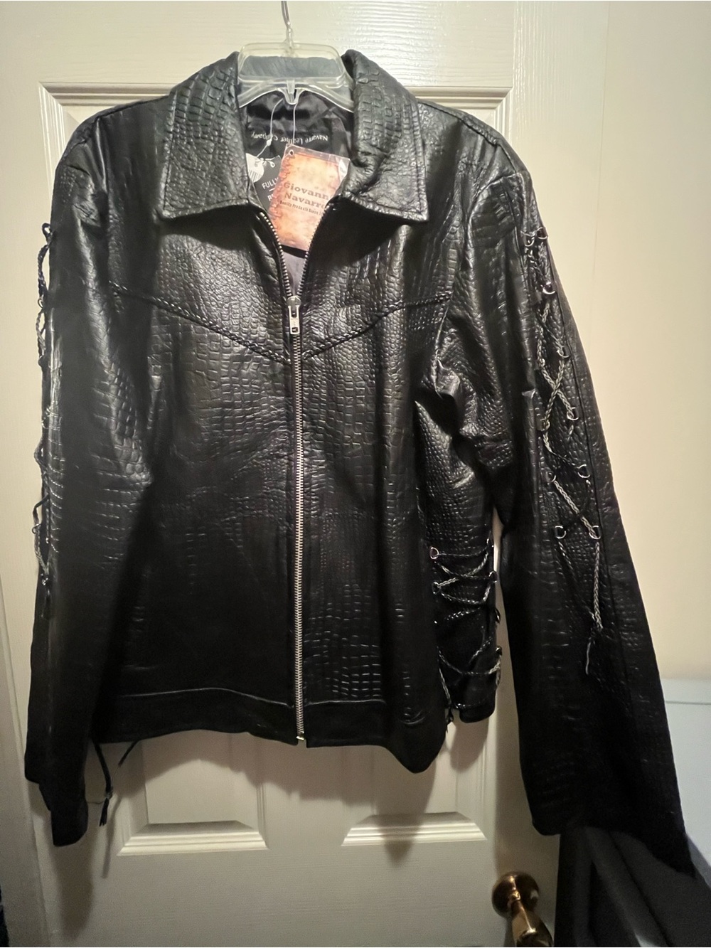 NWT Giovanni Navarre Black Genuine Buffalo Leather Jacket Rose Croc Laced 2X